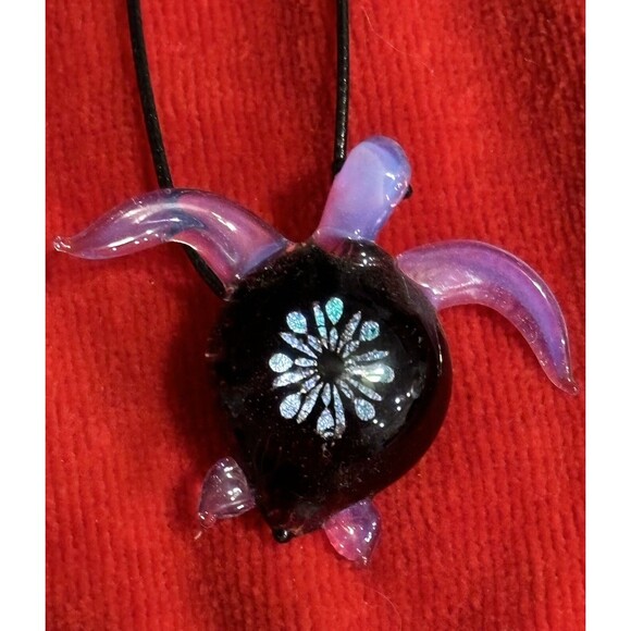 Beautiful Hand Blown Glass Purple & Black Sea Turtle Necklace - Picture 2 of 8